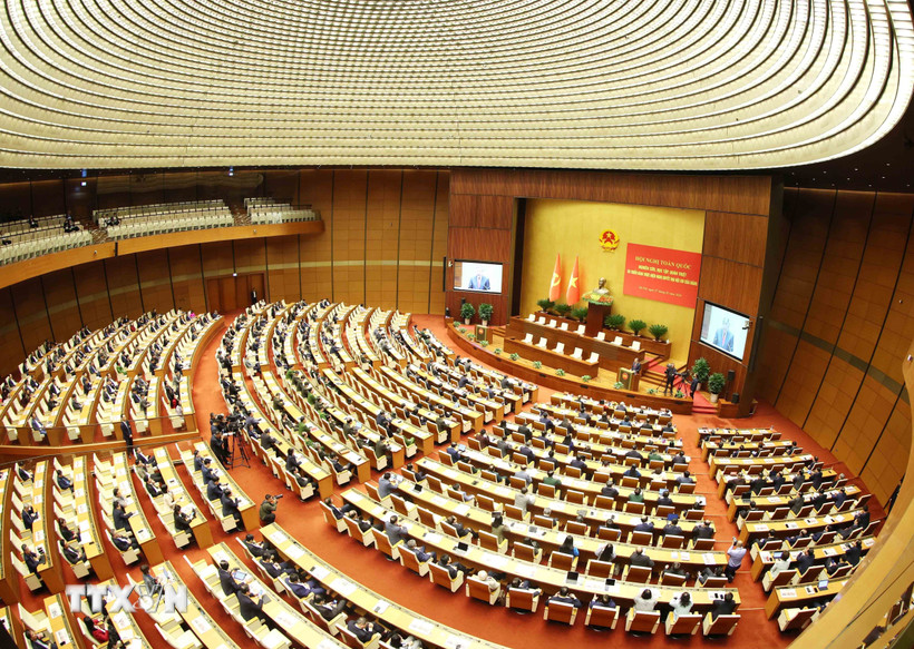 Quang cảnh hội nghị tại điểm cầu chính Hội trường Diên Hồng, Nhà Quốc hội, chiều 7/2. (Ảnh: Phương Hoa/TTXVN)