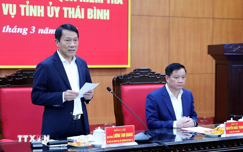 Đại tướng Lương Tam Quang, Ủy viên Bộ Chính trị, Bộ trưởng Bộ Công an, Trưởng đoàn kiểm tra phát biểu. (Ảnh: Thế Duyệt/TTXVN)