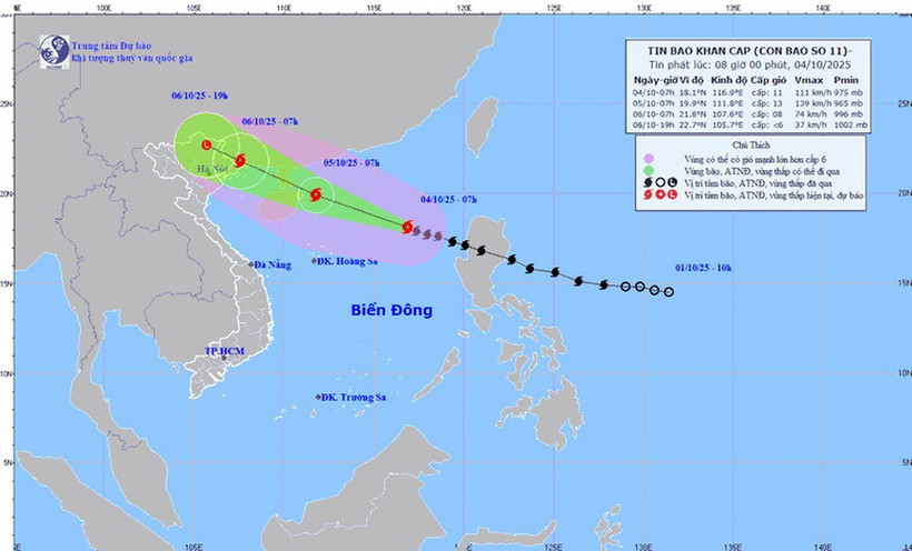 Dự báo hướng di chuyển của bão số 11. (Ảnh: Trung tâm dự báo khí tượng thủy văn Quốc gia)