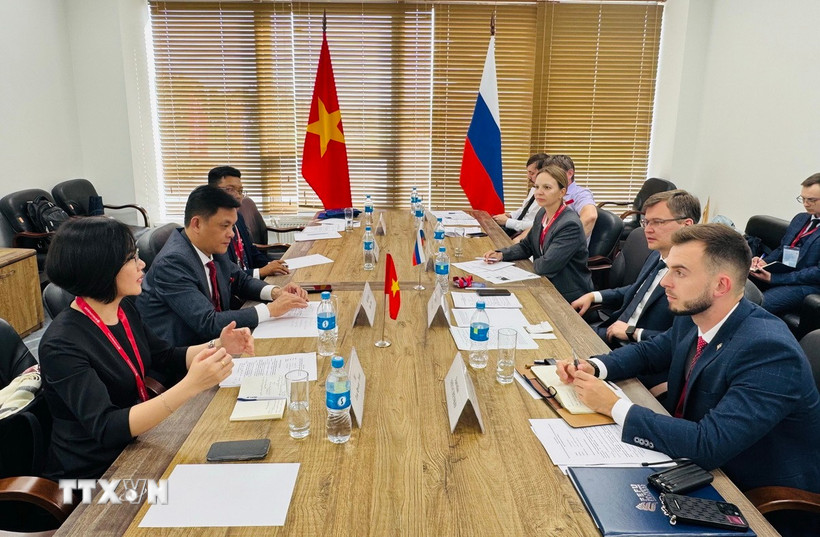 Buổi làm việc giữa đoàn ĐH Ngoại ngữ Đà Nẵng và Đại học Liên bang Viễn Đông. (Ảnh: Tâm Hằng/TTXVN)