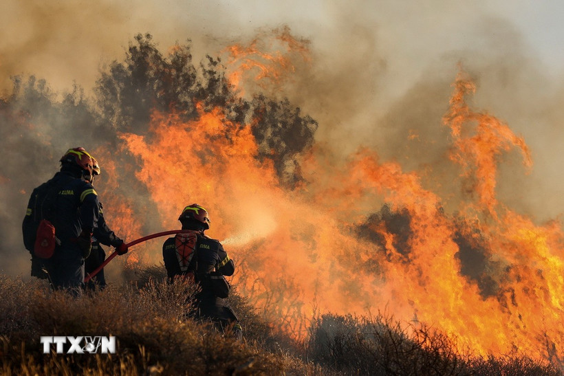 Lính cứu hỏa dập đám cháy rừng trên đảo Crete, Hy Lạp ngày 3/7/2025. (Ảnh: THX/TTXVN)