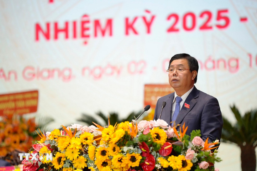 Ủy viên BCH Trung ương Đảng, Bí thư Tỉnh ủy An Giang Nguyễn Tiến Hải phát biểu tại Đại hội. (Ảnh: Văn Sĩ/TTXVN)