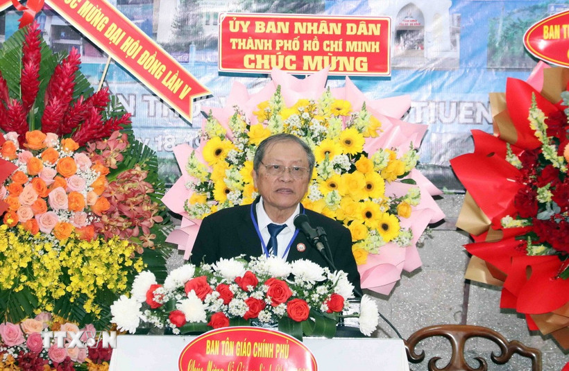 Mục sư Trần Thanh Truyện, Hội trưởng Giáo hội Cơ đốc Phục lâm Việt Nam, phát biểu khai mạc Đại hội. (Ảnh: Xuân Khu/TTXVN)