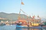 Mở đầu lễ hội là nghi thức nghinh Ông trên biển. Từ sáng sớm, đoàn ghe được trang hoàng cờ hoa rực rỡ xuất phát từ bến cá Vĩnh Trường, tiến ra khu vực mũi Phủ Ông. (Ảnh: TTXVN phát)