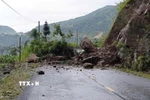 Taluy dương bị sạt, đất đá tràn xuống mặt đường tại Km 31 tỉnh lộ 177, đoạn qua thôn Tân Mình, xã Nậm Ty, huyện Hoàng Su Phì, gây tắc nghẽn giao thông toàn tuyến. (Ảnh: TTXVN phát)