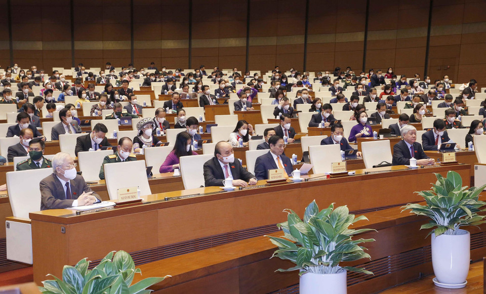 Tổng Bí thư Nguyễn Phú Trọng, Chủ tịch nước Nguyễn Xuân Phúc, Thủ tướng Phạm Minh Chính và các đại biểu Quốc hội dự phiên họp. (Ảnh: Doãn Tấn/TTXVN)