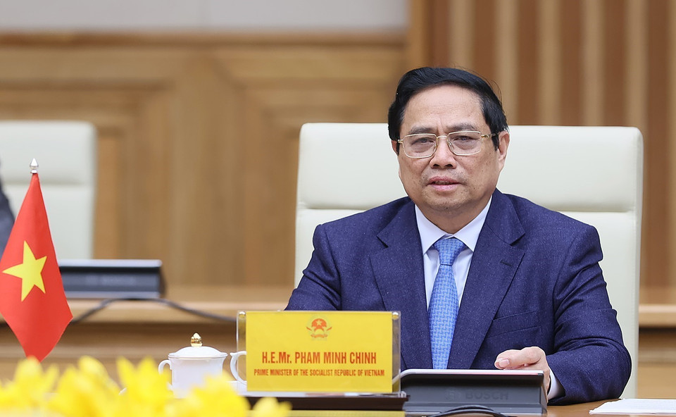 Thủ tướng Phạm Minh Chính phát biểu tại cuộc hội kiến Chủ tịch Quốc hội Bulgaria Rossen Dimitrov Jeliazkov. (Ảnh: Dương Giang/TTXVN)