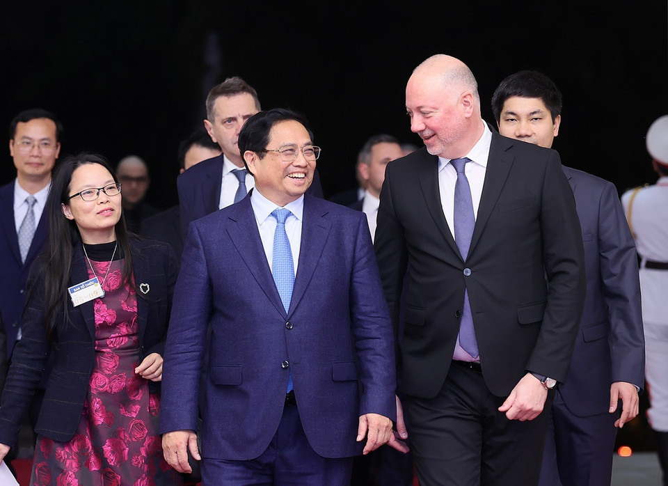 Thủ tướng Phạm Minh Chính và Chủ tịch Quốc hội Bulgaria Rossen Dimitrov Jeliazkov. (Ảnh: Dương Giang/TTXVN)