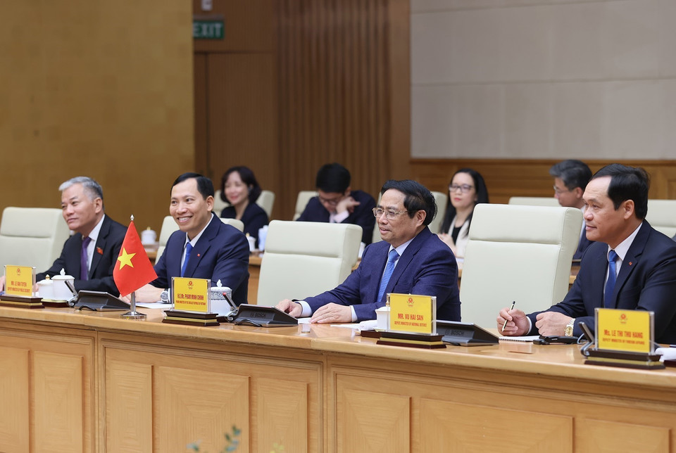 Thủ tướng Phạm Minh Chính phát biểu tại cuộc hội kiến Chủ tịch Quốc hội Bulgaria Rossen Dimitrov Jeliazkov. (Ảnh: Dương Giang/TTXVN)