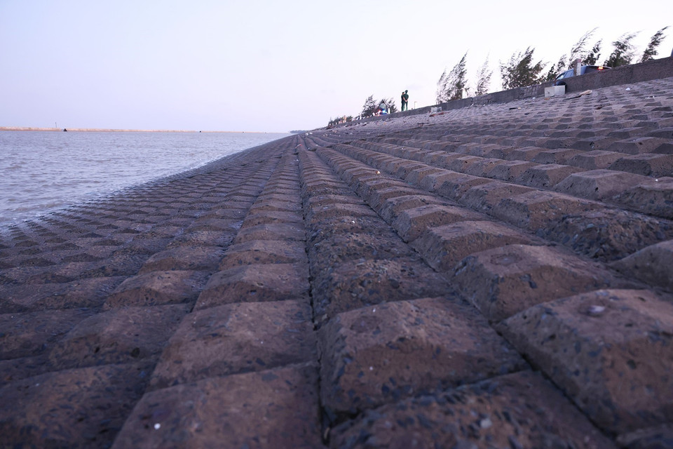 Tuyến đê biển Gò Công có chiều dài khoảng 21km, từ xã Tân Thành đến thị trấn Vàm Láng, huyện Gò Công Đông, tỉnh Tiền Giang. (Ảnh: Dương Giang/TTXVN)