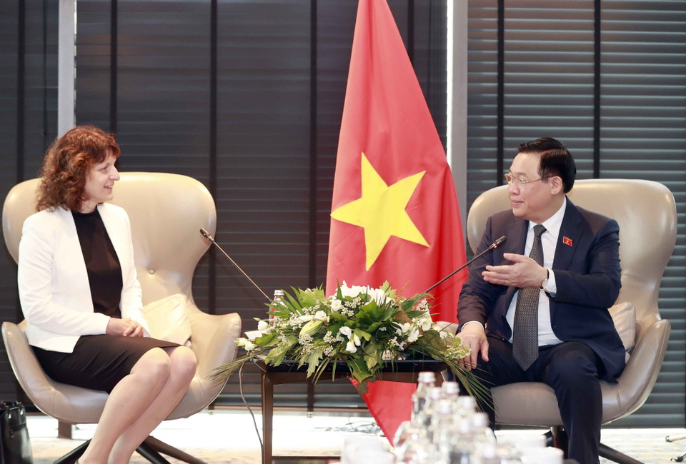 Chủ tịch Quốc hội Vương Đình Huệ tiếp bà Krasimira Vandeva, Giám đốc điều hành Tập đoàn DSV tại Bulgaria. (Ảnh: Doãn Tấn/TTXVN)