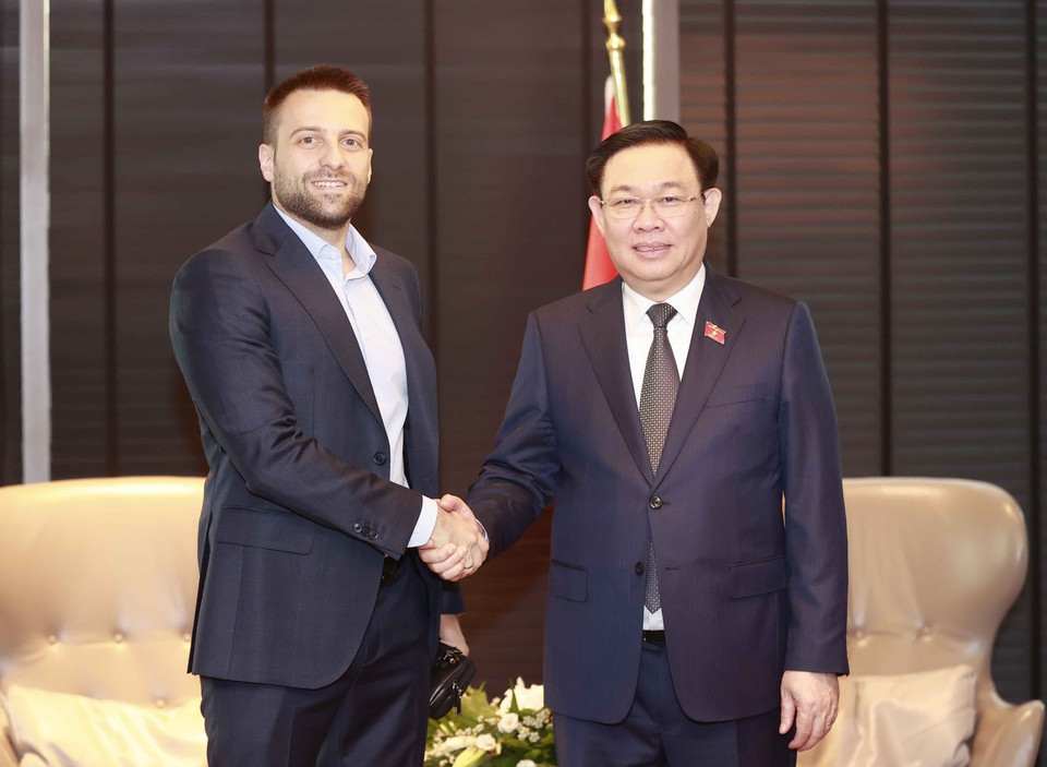 Chủ tịch Quốc hội Vương Đình Huệ tiếp ông Dimitar Naydenov, Giám đốc M&amp;A Tập đoàn Dược phẩm SOPHARMA. (Ảnh: Doãn Tấn/TTXVN)