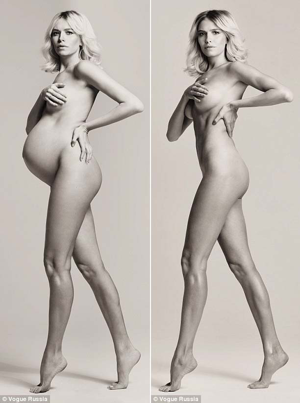 Elena Perminova khi mang thai 8 tháng (trái) và 60 ngày sau khi sinh con lần thứ 3 (phải).