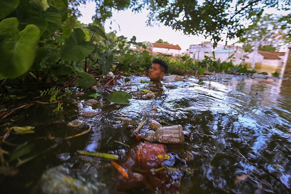 Rác thải với nilon, chai nhựa và xác của động vật bốc mùi xuất hiện khắp nơi ở những vùng ngập nước. (Ảnh: Trọng Đạt/TTXVN)