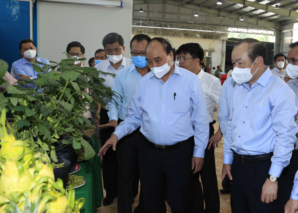 Hình ảnh Chủ tịch nước Nguyễn Xuân Phúc thăm Hợp tác xã Mỹ Tịnh An, huyện Chợ Gạo. (Ảnh: Thống Nhất/TTXVN)