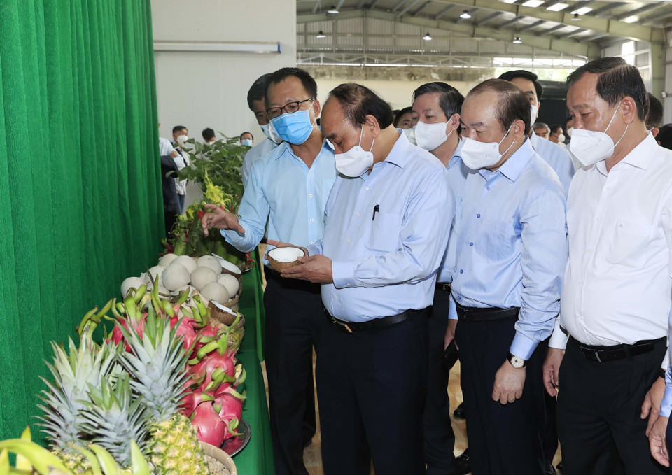 Chủ tịch nước Nguyễn Xuân Phúc nghe giới thiệu về các nông sản của Hợp tác xã Mỹ Tịnh An, huyện Chợ Gạo. (Ảnh: Thống Nhất/TTXVN)