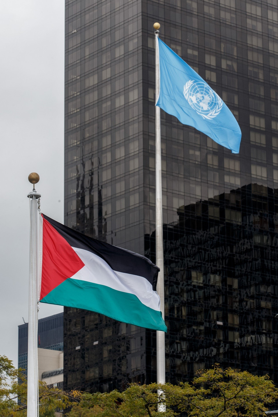 Lá cờ của Palestine tung bay bên cạnh cờ của Liên hợp quốc ở Trụ sở Liên hợp quốc, New York (Hoa Kỳ). (Ảnh: Tư liệu TTXVN)