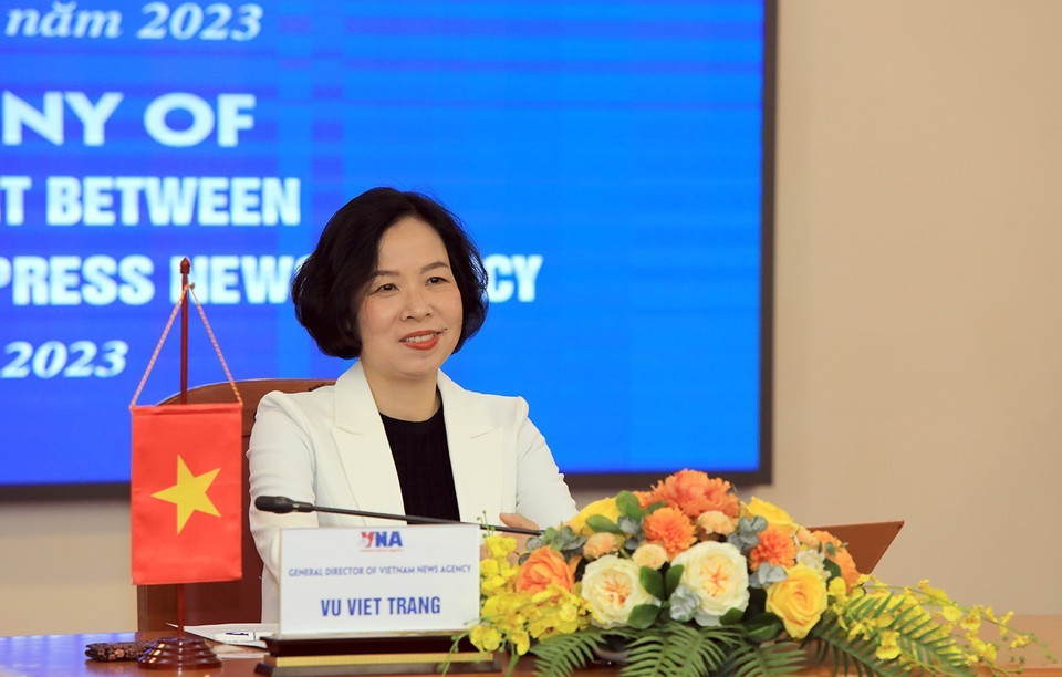 Tổng Giám đốc TTXVN Vũ Việt Trang phát biểu. (Ảnh: Tuấn Anh/TTXVN)