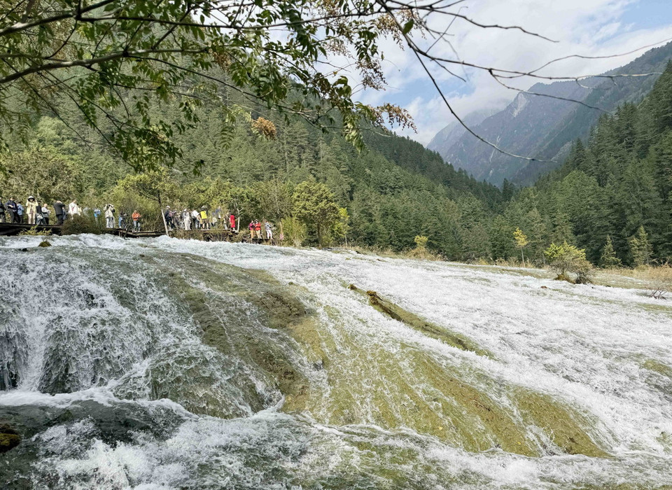 Bãi Trân Châu - viên minh châu rực rỡ trong Cửu Trại Câu, dòng nước trong veo nhảy nhót như trân châu trên bãi vôi hóa màu vàng ngà, là nơi khởi nguồn tạo ra thác Trân Châu hoành tráng. (Ảnh: Công Tuyên/ TTXVN)