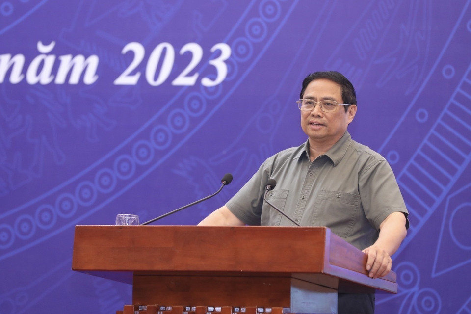 Hình ảnh Thủ tướng Phạm Minh Chính phát biểu tại hội nghị. (Ảnh: Minh Quyết/TTXVN)