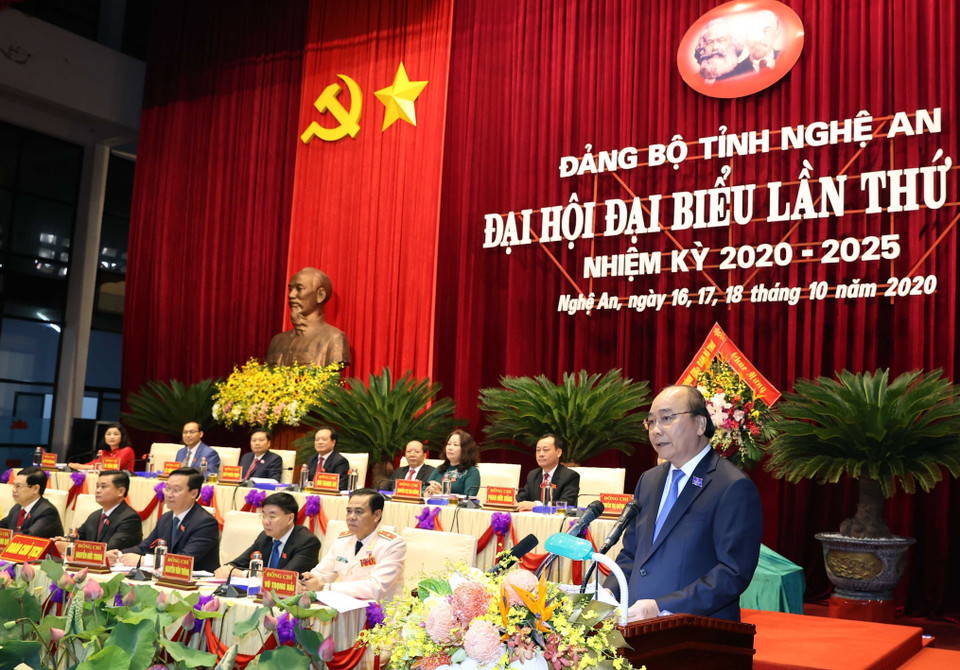 Ủy viên Bộ Chính trị, Thủ tướng Chính phủ Nguyễn Xuân Phúc phát biểu chỉ đạo Đại hội. (Ảnh: Thống Nhất/TTXVN)