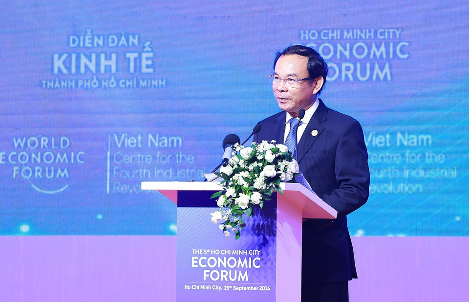 Bí thư Thành ủy Thành phố Hồ Chí Minh Nguyễn Văn Nên phát biểu. (Ảnh: Dương Giang/TTXVN)