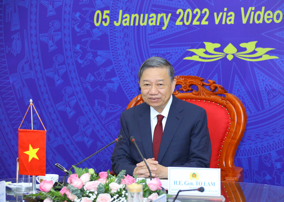 Hình ảnh Đại tướng Tô Lâm, Bộ trưởng Bộ Công an phát biểu tại hội nghị. (Ảnh: Văn Điệp/TTXVN)