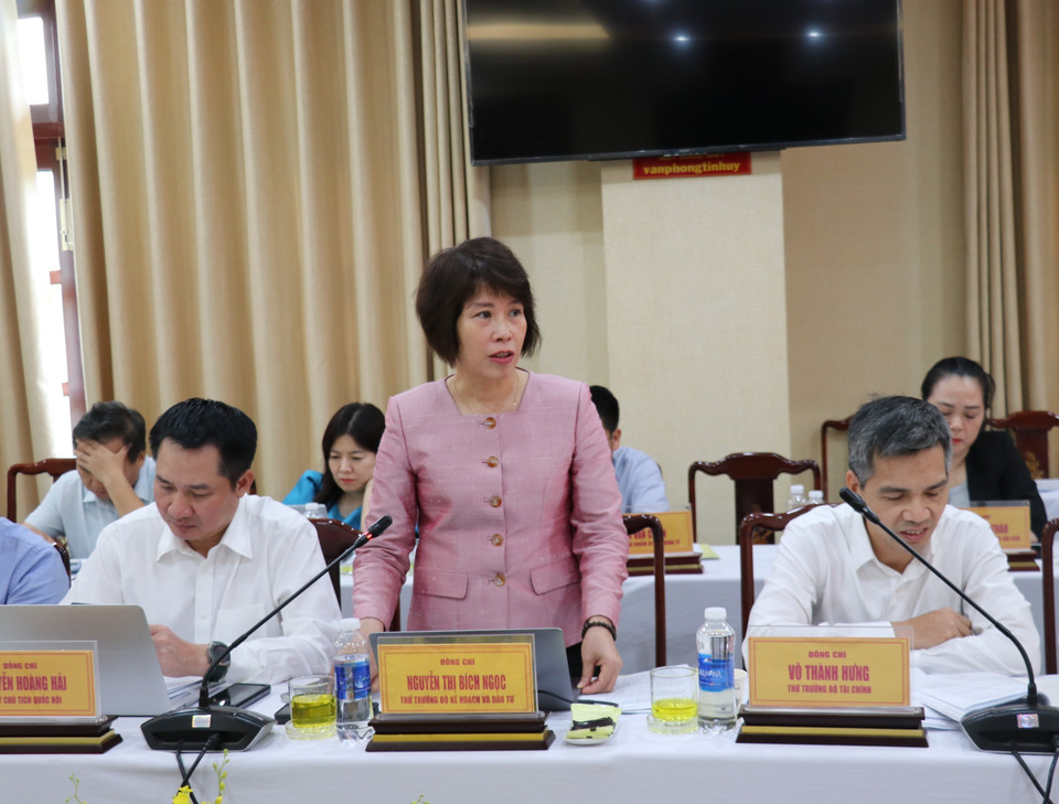 Thứ trưởng Bộ Kế hoạch và Đầu tư Nguyễn Thị Bích Ngọc trao đổi với Tỉnh ủy Bình Phước tại buổi làm việc. (Ảnh: Nhật Bình/TTXVN)