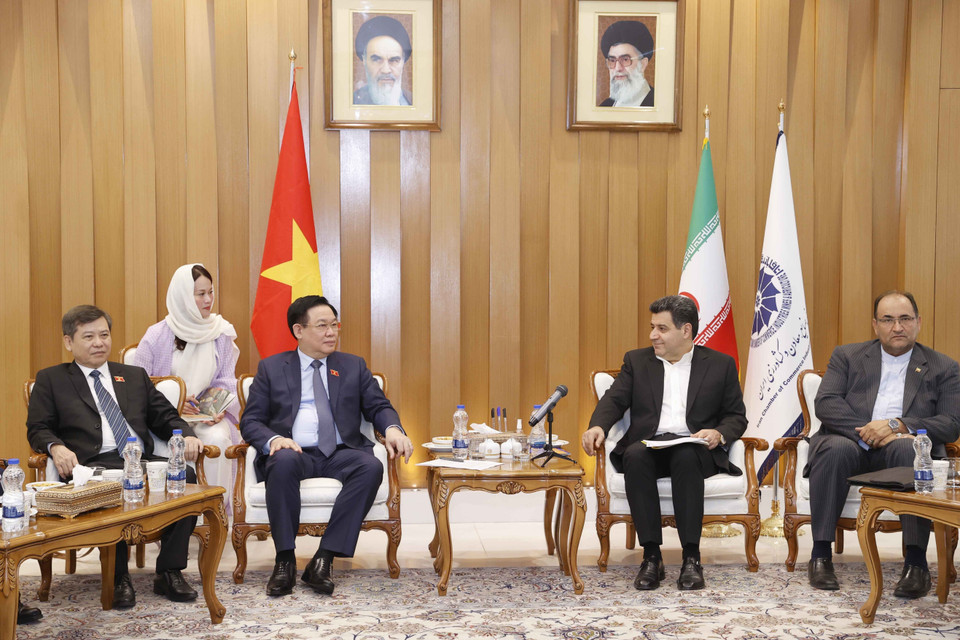 Hình ảnh Chủ tịch Quốc hội Vương Đình Huệ tiếp một số doanh nghiệp lớn của Iran. (Ảnh: Doãn Tấn/TTXVN)