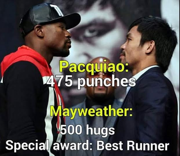Pacquiao: 475 cú đấm. Mayweather: 500 cái ôm. Giải đặc biệt: Người chạy giỏi nhất.