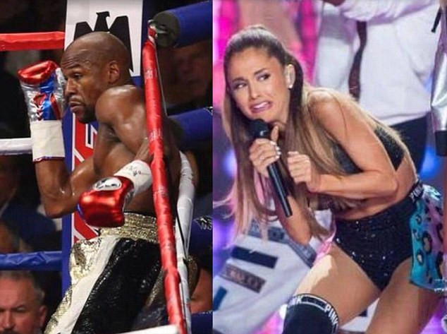 Một bức ảnh khác thì so sánh một khoảnh khắc trên sàn đấu của Mayweather với biểu hiện của nữ ca sỹ Ariana Grande trên sân khấu.
