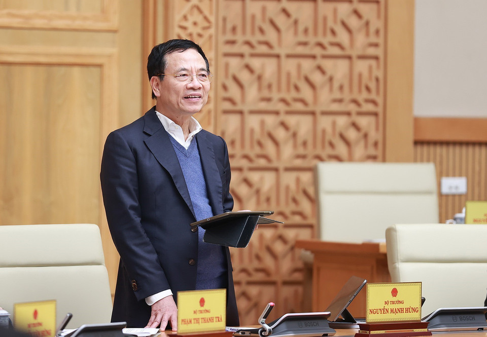 Bộ trưởng Bộ Thông tin và Truyền thông Nguyễn Mạnh Hùng phát biểu. (Ảnh: Dương Giang/TTXVN)