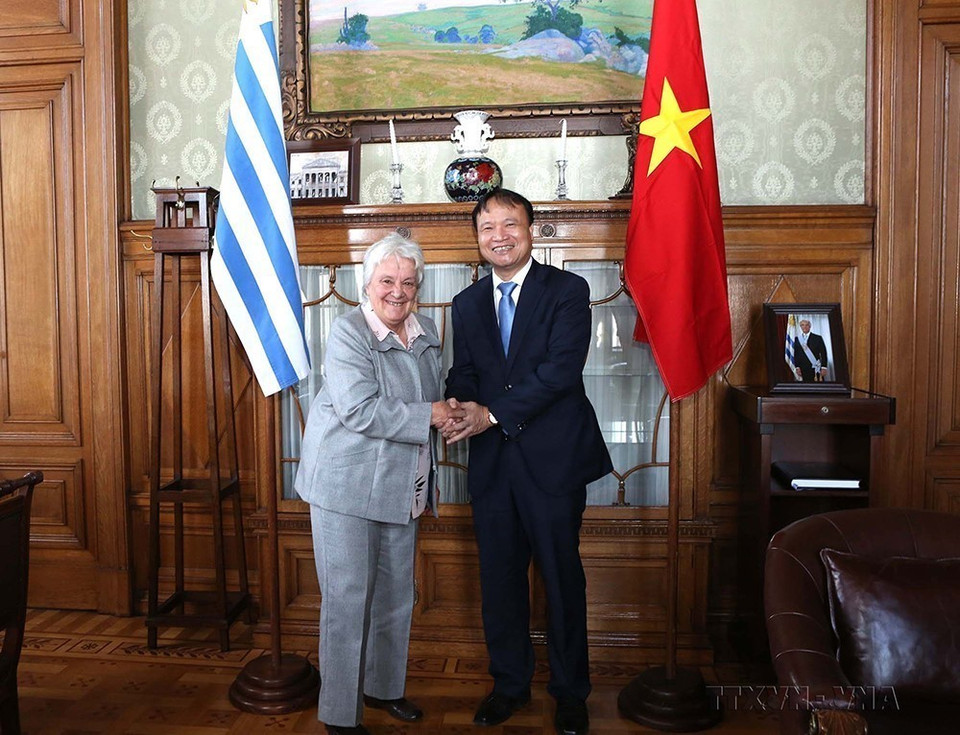 Thứ trưởng Bộ Công Thương Đỗ Thắng Hải chào xã giao Phó Tổng thống Đông Uruguay Lucía Topolansky (Montevideo, 23/10/2018). (Ảnh: Hoài Nam/TTXVN)