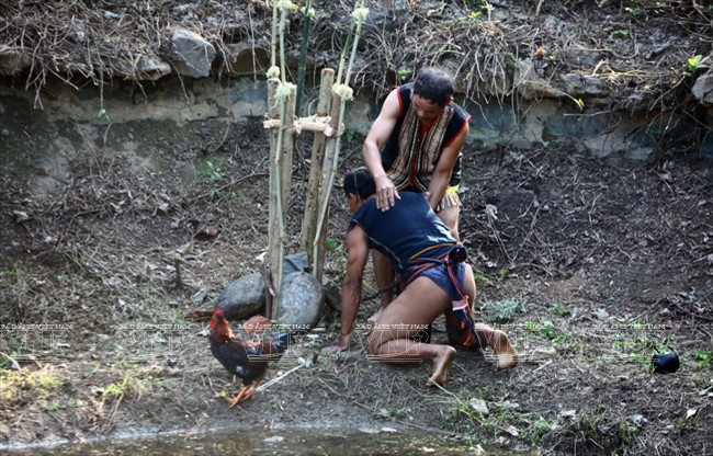 Chàng thanh niên to khỏe đang được già làng cột vào cây nêu. (Nguồn: Trịnh Bộ/Báo ảnh Việt Nam)