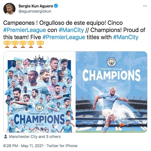 Sergio Aguero đã có 5 chức vô địch Ngoại hạng Anh và đây là lần cuối anh có vinh dự này cùng Man City. (Nguồn: Twitter)