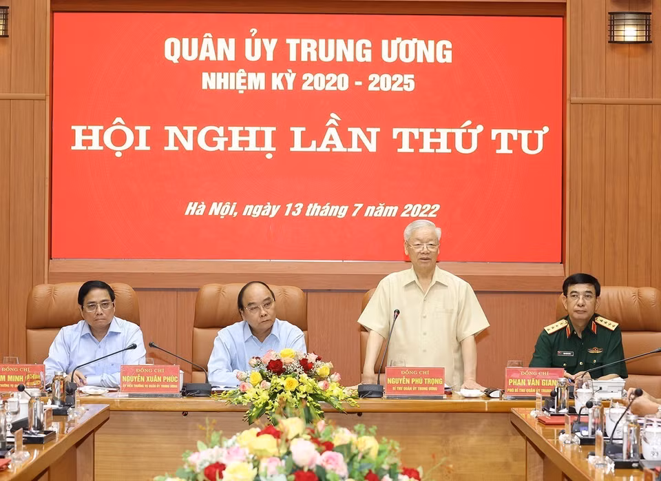 Tổng Bí thư Nguyễn Phú Trọng, Bí thư Quân ủy Trung ương phát biểu kết luận hội nghị. (Ảnh: Trí Dũng/TTXVN)