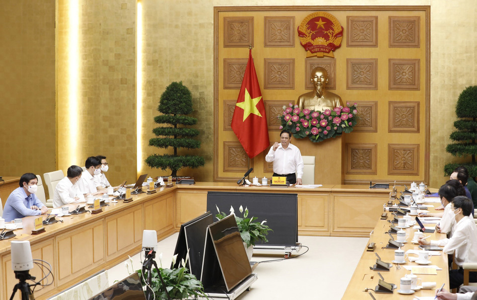 Thủ tướng Phạm Minh Chính phát biểu kết luận buổi làm việc. (Ảnh: Dương Giang/TTXVN)