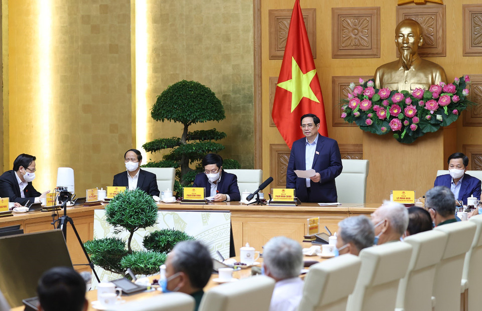 Thủ tướng Phạm Minh Chính phát biểu tại buổi gặp mặt đại biểu Người có công với cách mạng. (Ảnh: Dương Giang/TTXVN)