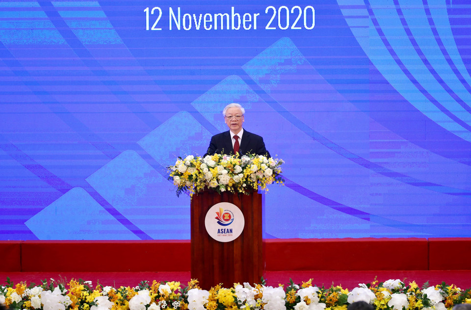 Tổng Bí thư, Chủ tịch nước Nguyễn Phú Trọng phát biểu chào mừng tại Lễ khai mạc Hội nghị Cấp cao ASEAN lần thứ 37. (Ảnh: Lâm Khánh/TTXVN)