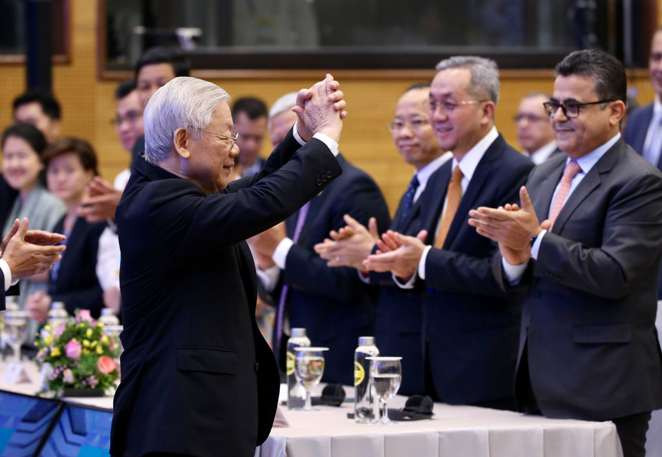 Tổng Bí thư, Chủ tịch nước Nguyễn Phú Trọng với các đại biểu tại Lễ khai mạc. (Ảnh: Dương Giang/TTXVN)