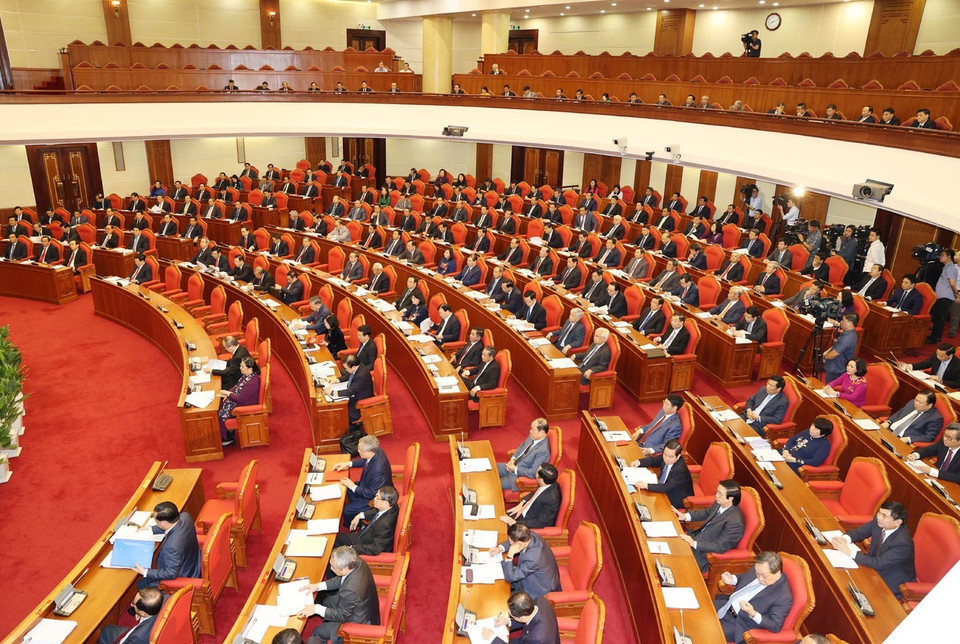 Lãnh đạo Đảng, Nhà nước và các đại biểu dự Hội nghị. (Ảnh: Trí Dũng/TTXVN)