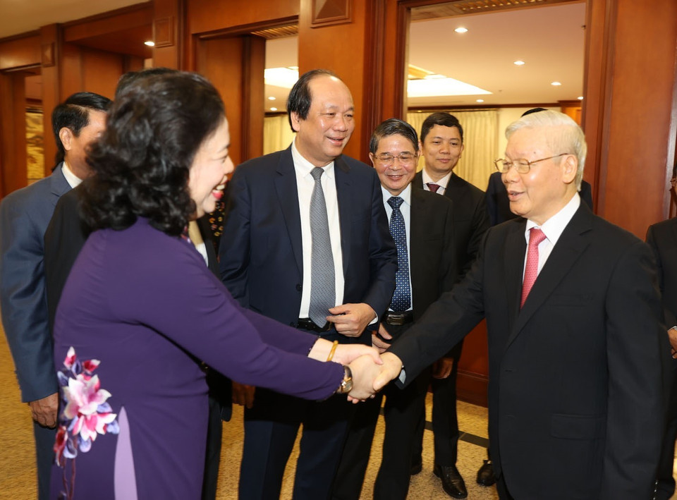 Tổng Bí thư, Chủ tịch nước Nguyễn Phú Trọng với các đại biểu dự phiên khai mạc Hội nghị. (Ảnh: Trí Dũng/TTXVN)