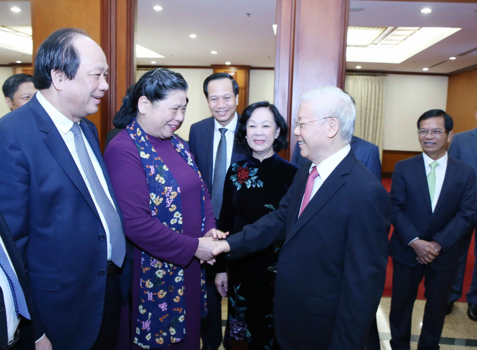 Tổng Bí thư, Chủ tịch nước Nguyễn Phú Trọng với các đại biểu tham dự Hội nghị. (Ảnh: Phương Hoa/TTXVN)