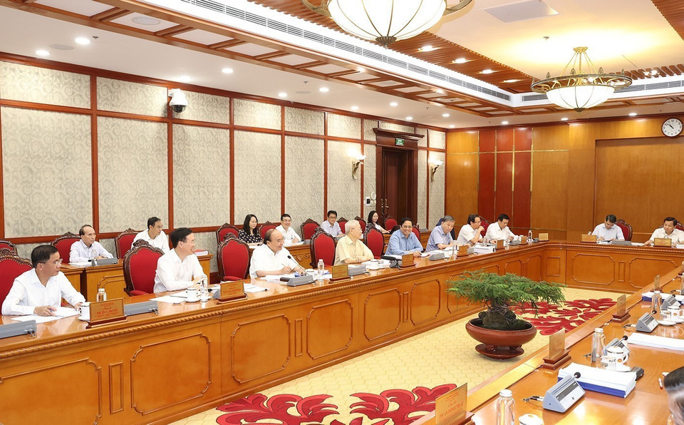 Tổng Bí thư Nguyễn Phú Trọng chủ trì họp Bộ Chính trị, Ban Bí thư cho ý kiến các đề án. (Ảnh: Trí Dũng/TTXVN)