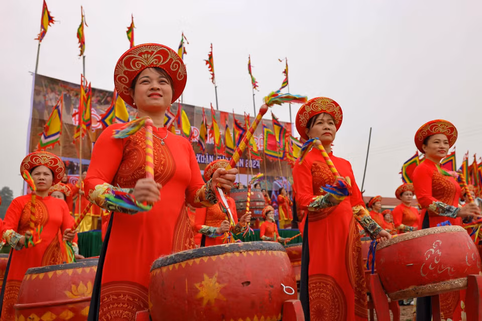 Màn trống hội chào mừng. (Ảnh: Thanh Tùng/TTXVN)