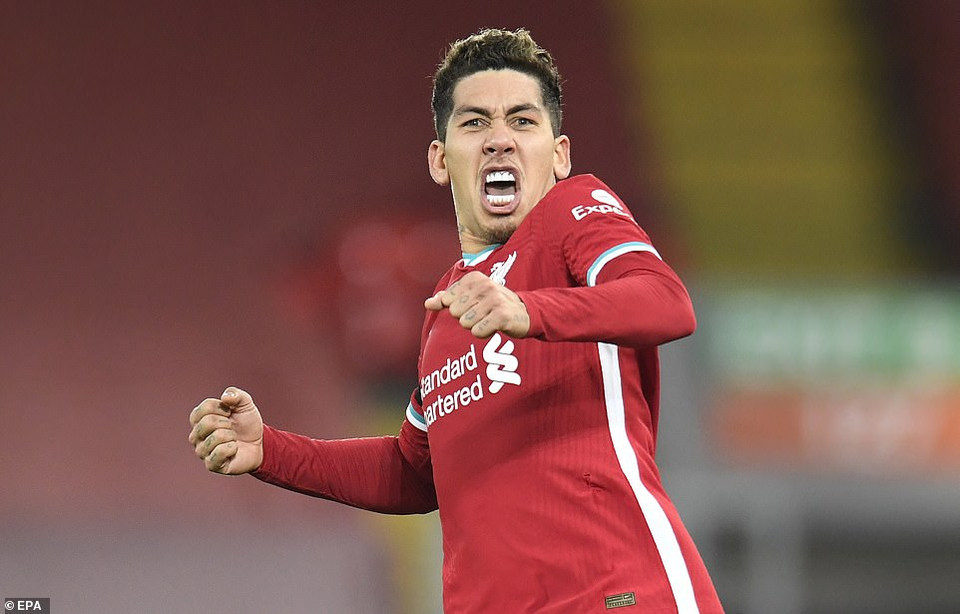 Firmino ăn mừng sau khi lập công cho The Kop. (Nguồn: EPA)