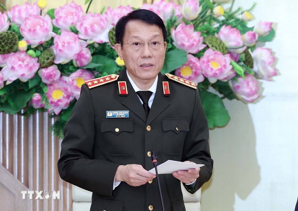 Đại tướng Lương Tam Quang, Ủy viên Bộ Chính trị, Bí thư Đảng ủy Công an Trung ương, Bộ trưởng Bộ Công an phát biểu. (Ảnh: Thống Nhất/TTXVN)