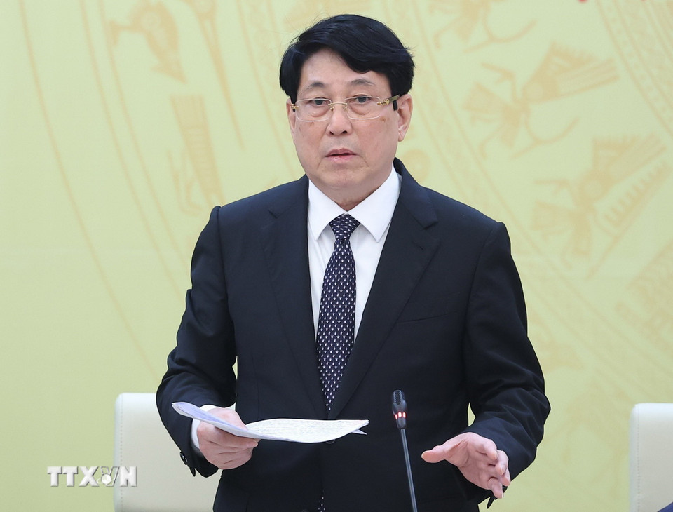 Đồng chí Lương Cường, Ủy viên Bộ Chính trị, Ủy viên Thường vụ Đảng ủy Công an Trung ương, Chủ tịch nước phát biểu. (Ảnh: Thống Nhất/TTXVN)