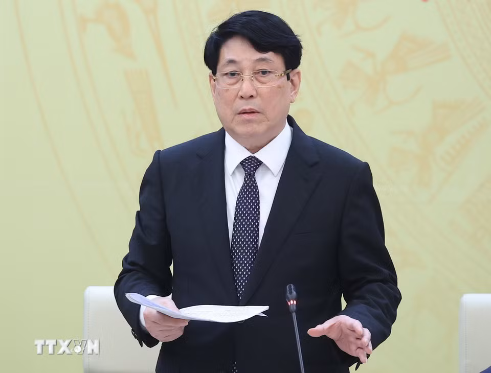 Đồng chí Lương Cường, Ủy viên Bộ Chính trị, Ủy viên Thường vụ Đảng ủy Công an Trung ương, Chủ tịch nước phát biểu. (Ảnh: Thống Nhất/TTXVN)