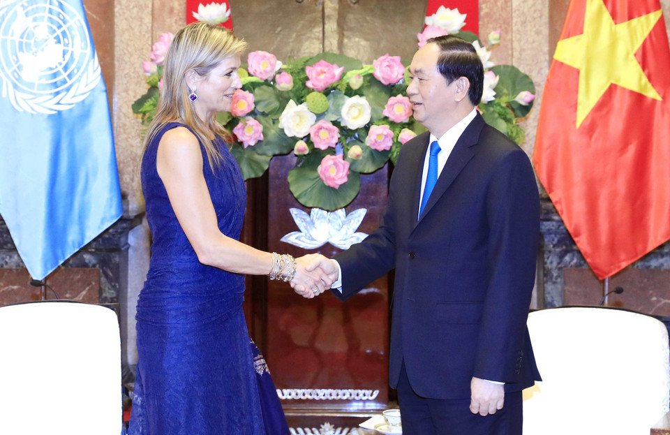 Chiều 31/5/2017, tại Phủ Chủ tịch, Chủ tịch nước Trần Đại Quang tiếp Hoàng hậu Vương quốc Hà Lan Máxima, Đặc phái viên của Tổng Thư ký Liên hợp quốc về Tài chính bao trùm vì phát triển, nhân chuyến thăm và làm việc tại Việt Nam. (Ảnh: Nhan Sáng/TTXVN)